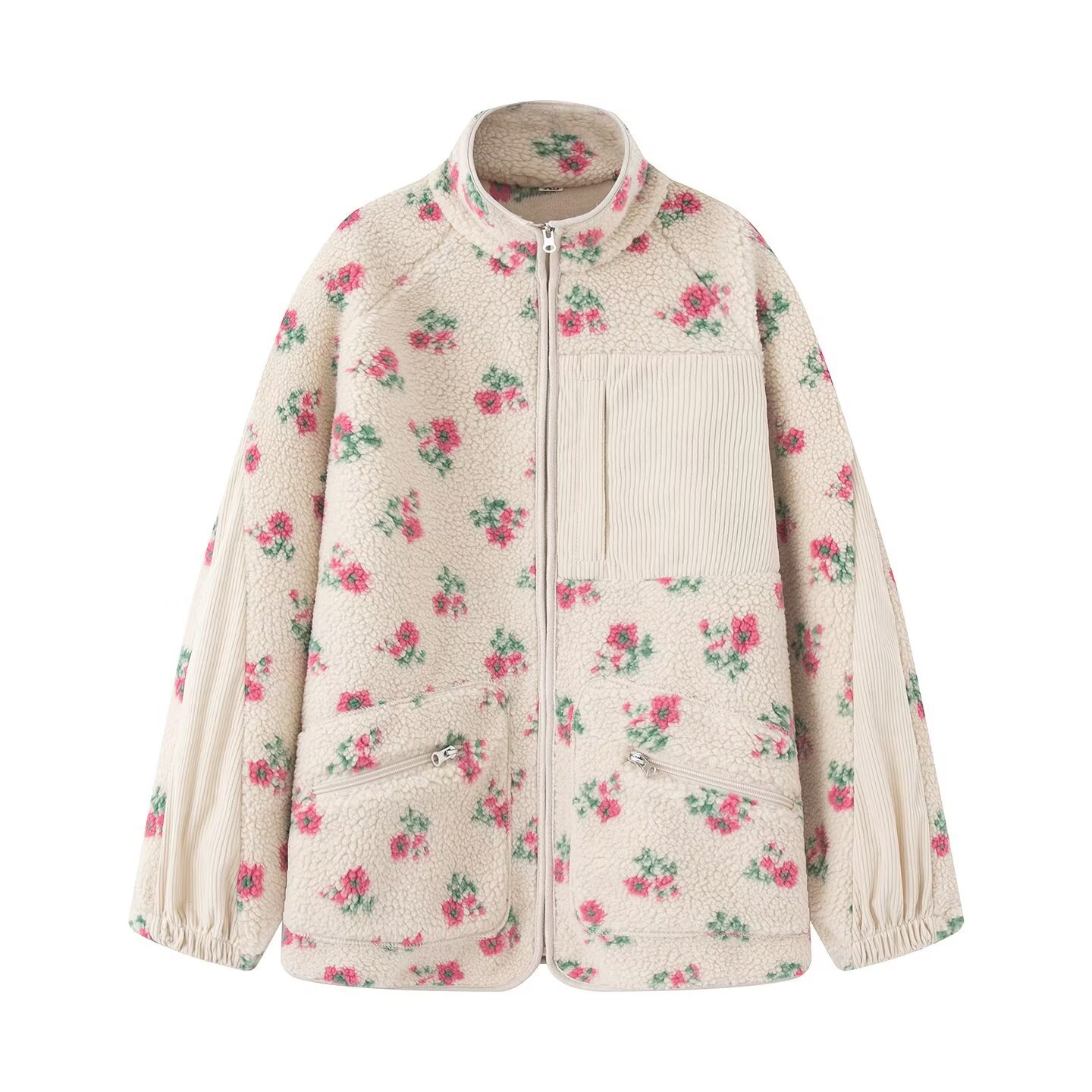 Sherpa Jacket Fleece - Модная женская куртка с цветочным принтом,