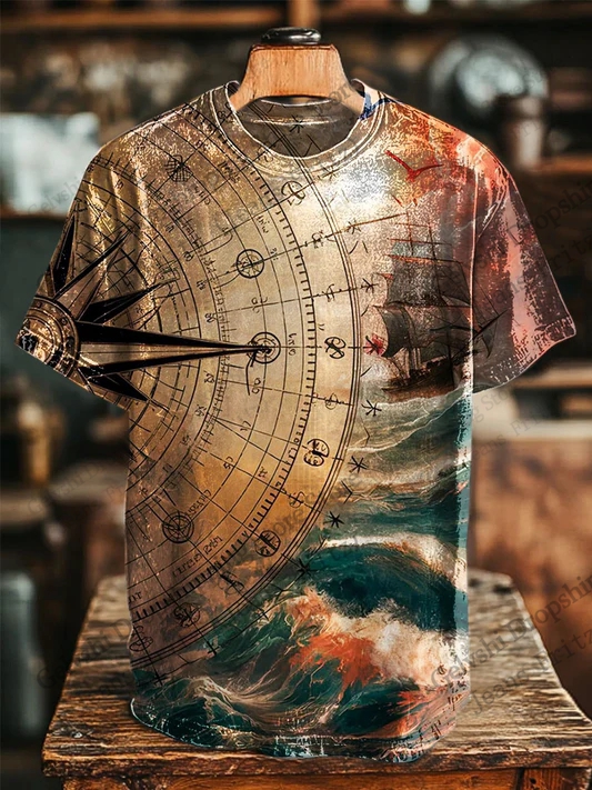 Jeans Shirt Fashion For Men - Винтажная мужская футболка с 3D-принтом «Компас»,